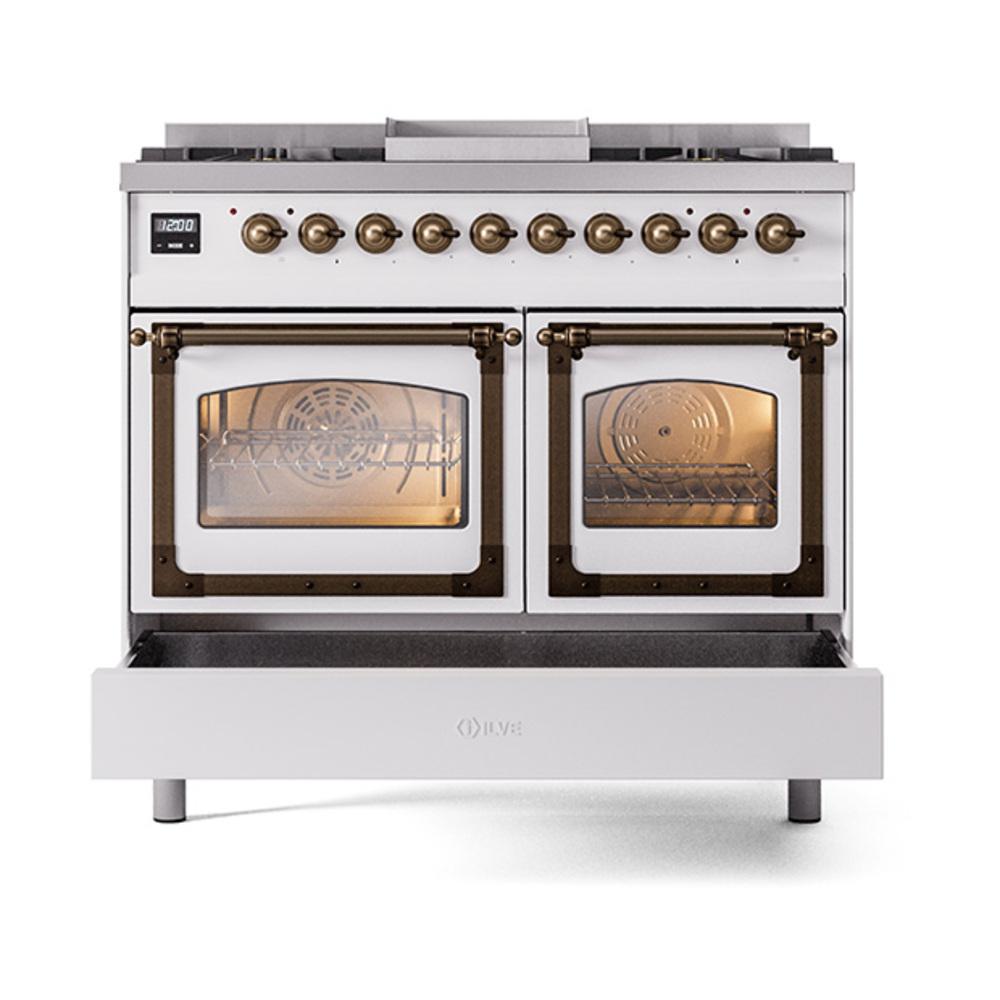 ILVE UND40FNMPWHBLP Nostalgie II Noblesse 40 inch Dual Fuel Range (Liquid Propane, Triple Glass Door, White, Burnished)