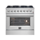 Forno Marco 36-Inch Dual Fuel Range, Stainless Steel, 6 Burners, 67,000 BTU, True Convection Oven, Energy Efficient