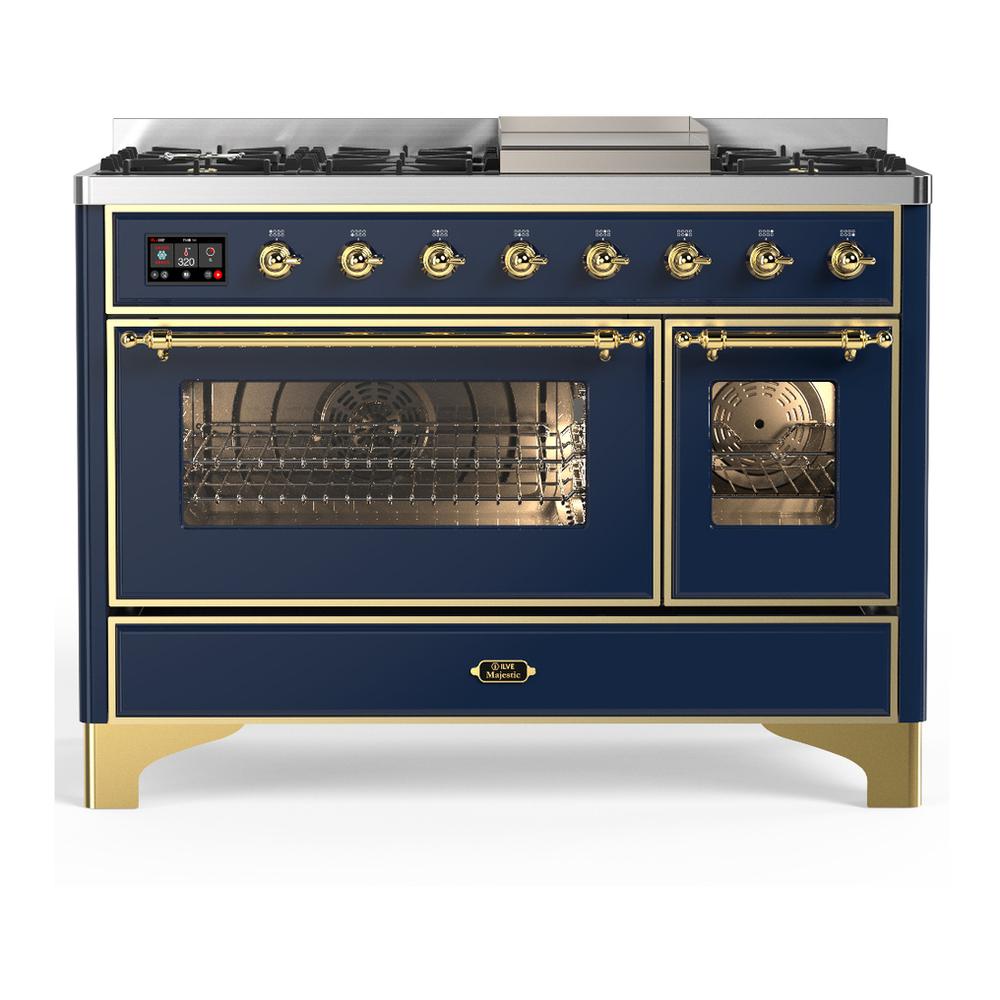 ILVE UM48FNR3MBGLP Majestic III 48 inch Dual Fuel Range with 8 Burners and Griddle, Dual Function Burner up to 25,000 BTU (Liquid Propane, Triple Glass Door, Midnight Blue, Brass)
