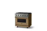 36"W. Open Burner Gas Range (Finish: Golden Hour, Trim: Brushed Brass, Fuel: Propane)