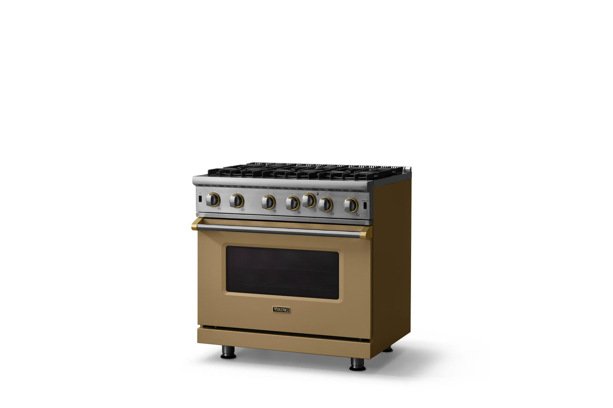 36"W. Open Burner Gas Range (Finish: Golden Hour, Trim: Brushed Brass, Fuel: Natural Gas)