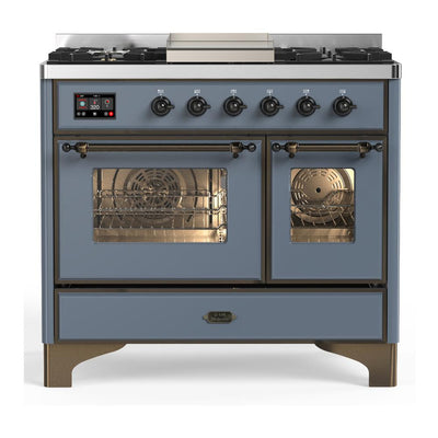 ILVE UMD40FNR3BGBLP Majestic III 40 inch Dual Fuel Range with 6 Burners and Griddle, Dual Function Burner up to 25,000 BTU (Liquid Propane, Triple Glass Door, Blue Grey, Burnished)