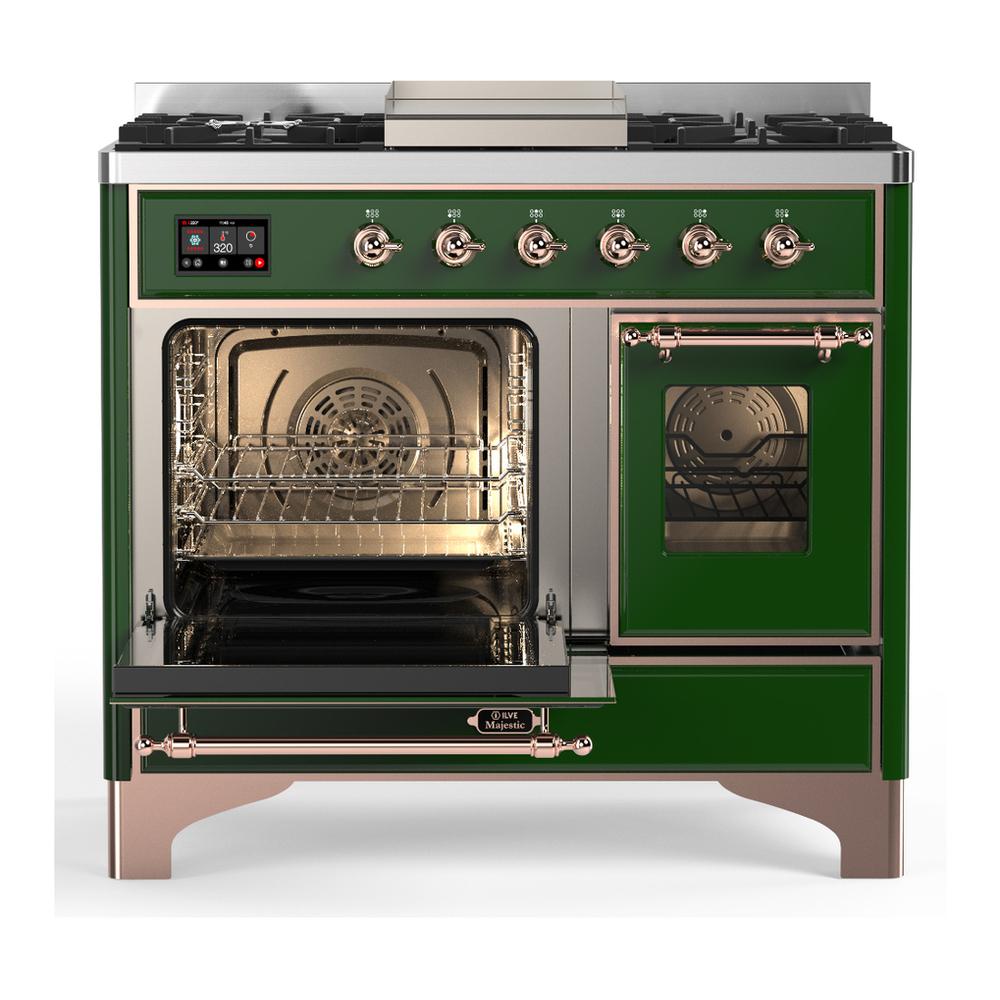 ILVE UMD40FNR3EGP Majestic III 40 inch Dual Fuel Range with 6 Burners and Griddle, Dual Function Burner up to 25,000 BTU (Natural Gas, Triple Glass Door, Emerald Green, Copper)