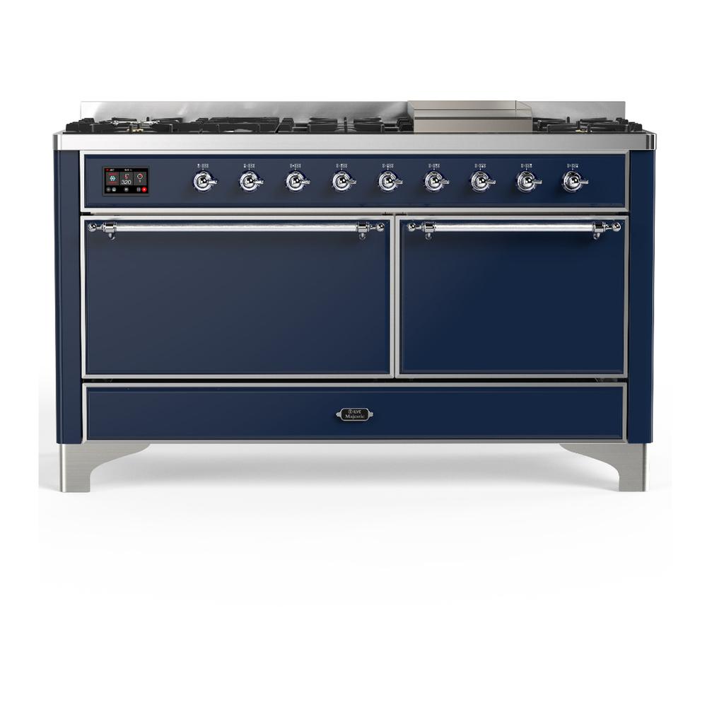 ILVE UM60FQNR3MBC Majestic III 60 inch Dual Fuel Range with 9 Burners and Griddle, Dual Function Burner up to 25,000 BTU (Natural Gas, Solid Door, Midnight Blue, Chrome)