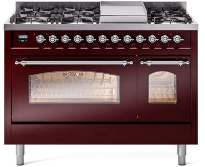 Nostalgie II 48 Inch Dual Fuel Natural Gas Freestanding Range in Burgundy with Chrome Trim