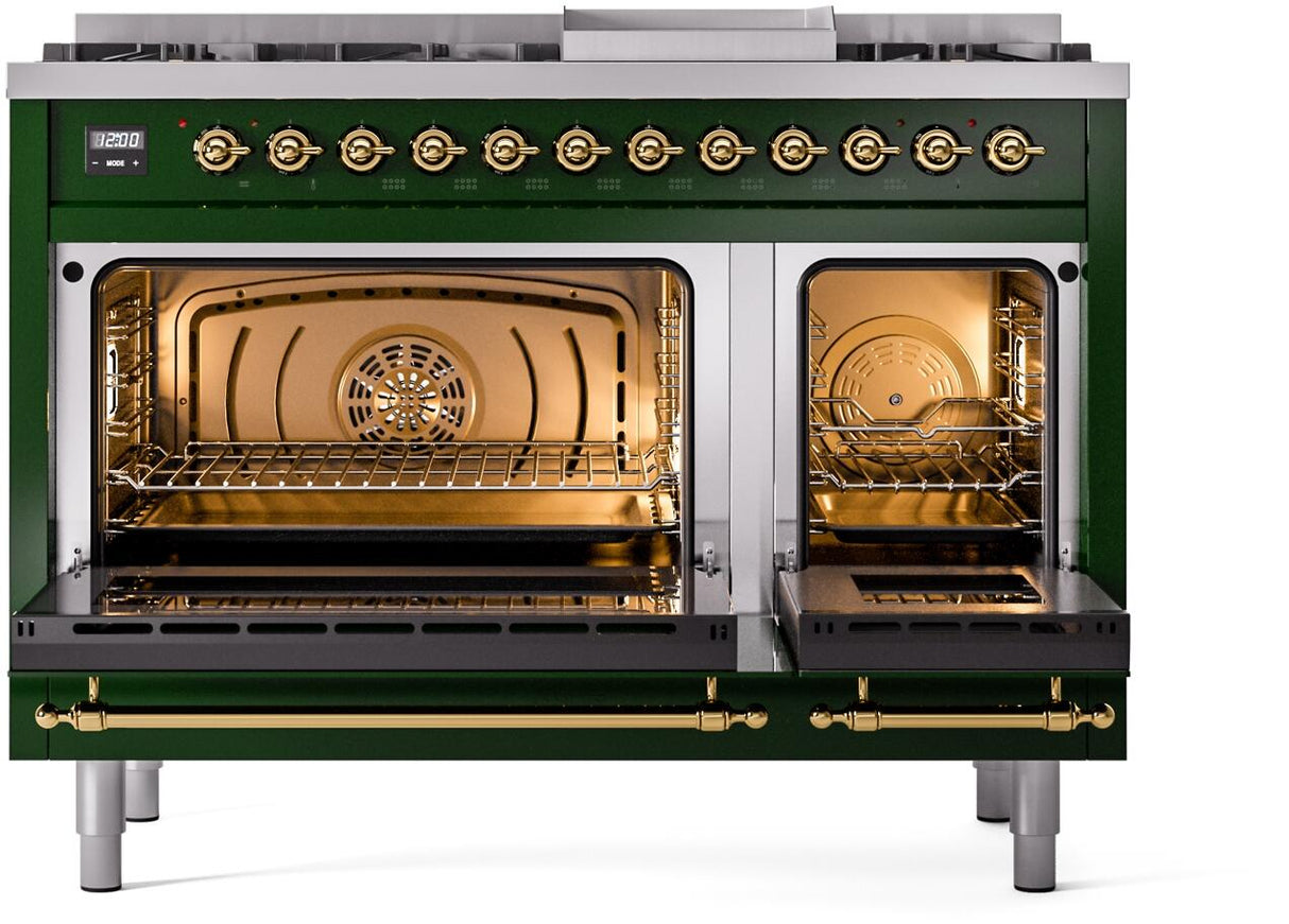 Nostalgie II 48 Inch Dual Fuel Liquid Propane Freestanding Range in Emerald Green with Brass Trim