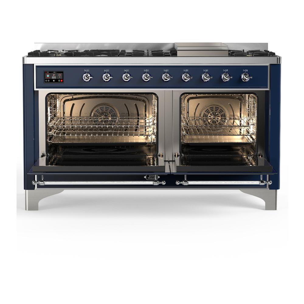 ILVE UM60FNR3MBC Majestic III 60 inch Dual Fuel Range with 9 Burners and Griddle, Dual Function Burner up to 25,000 BTU (Natural Gas, Triple Glass Door, Midnight Blue, Chrome)