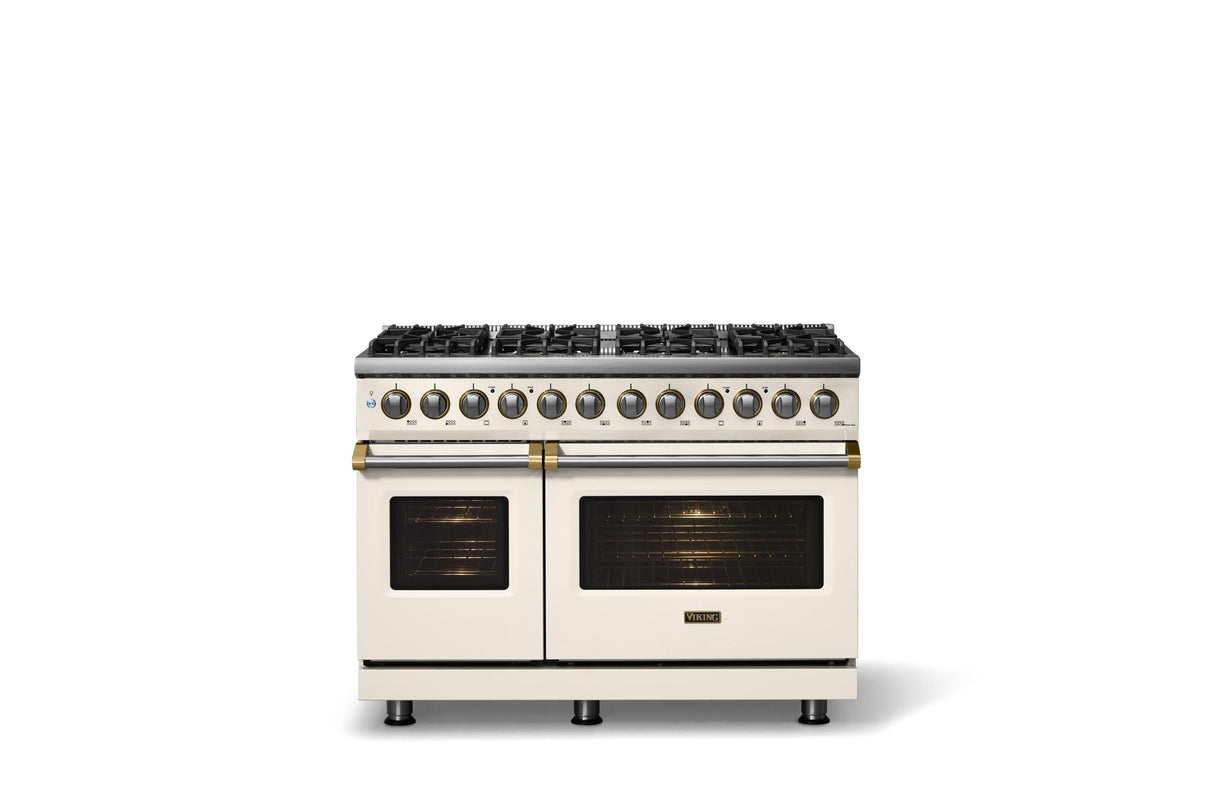 48"W. Dual Fuel Range (Burner: 8b, Finish: Pure White, Trim: Brushed Brass, Fuel: Natural Gas)