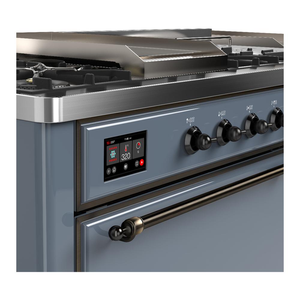 ILVE UM60FSQNR3BGB Majestic III 60 inch Dual Fuel Range with 7 Burners, Griddle and French Top, Dual Function Burner with up to 25,000 BTU (Natural Gas, Solid Door, Blue Grey, Burnished)