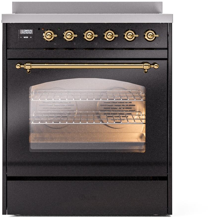 Nostalgie II 30 Inch Electric Freestanding Range in Glossy Black with Brass Trim