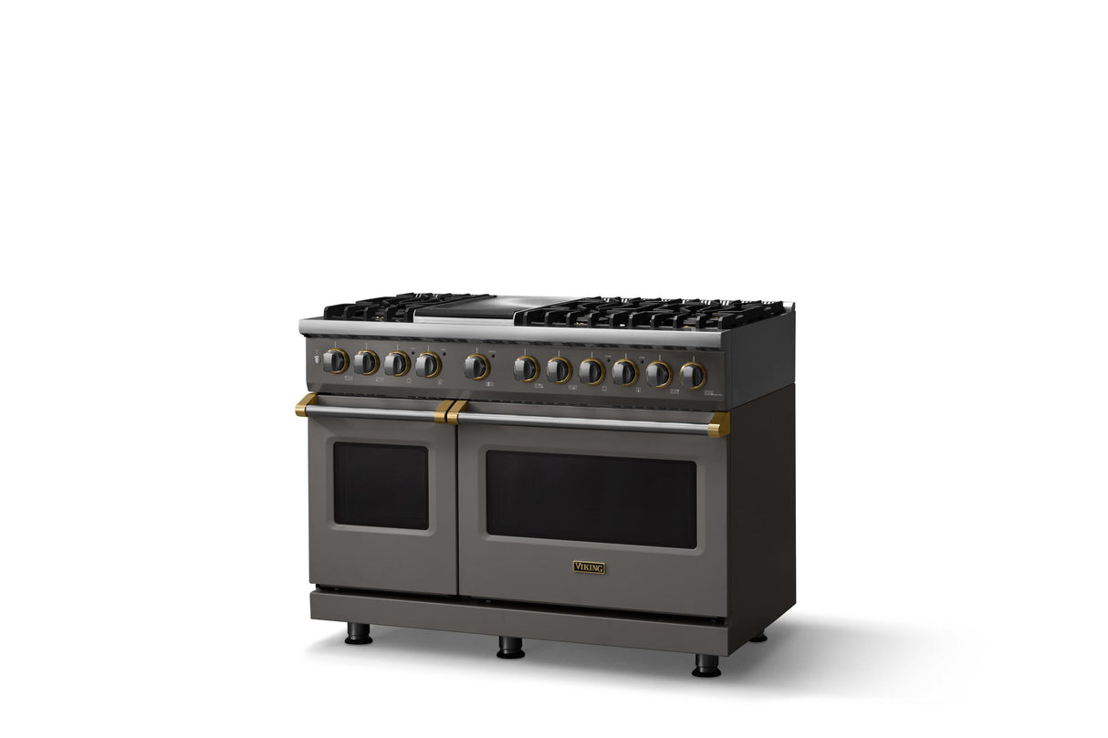 48"W. Dual Fuel Range (Burner: 6g, Finish: Damascus Gray, Trim: Brushed Brass, Fuel: Propane)