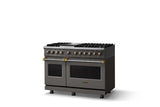 48"W. Dual Fuel Range (Burner: 6g, Finish: Damascus Gray, Trim: Brushed Brass, Fuel: Propane)