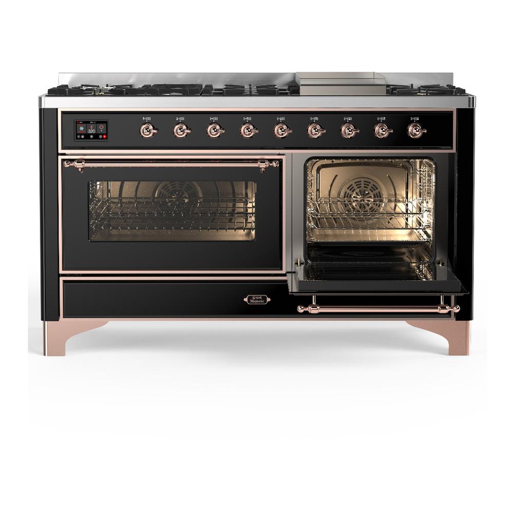 ILVE UM60FNR3BKPLP Majestic III 60 inch Dual Fuel Range with 9 Burners and Griddle, Dual Function Burner up to 25,000 BTU (Liquid Propane, Triple Glass Door, Glossy Black, Copper)