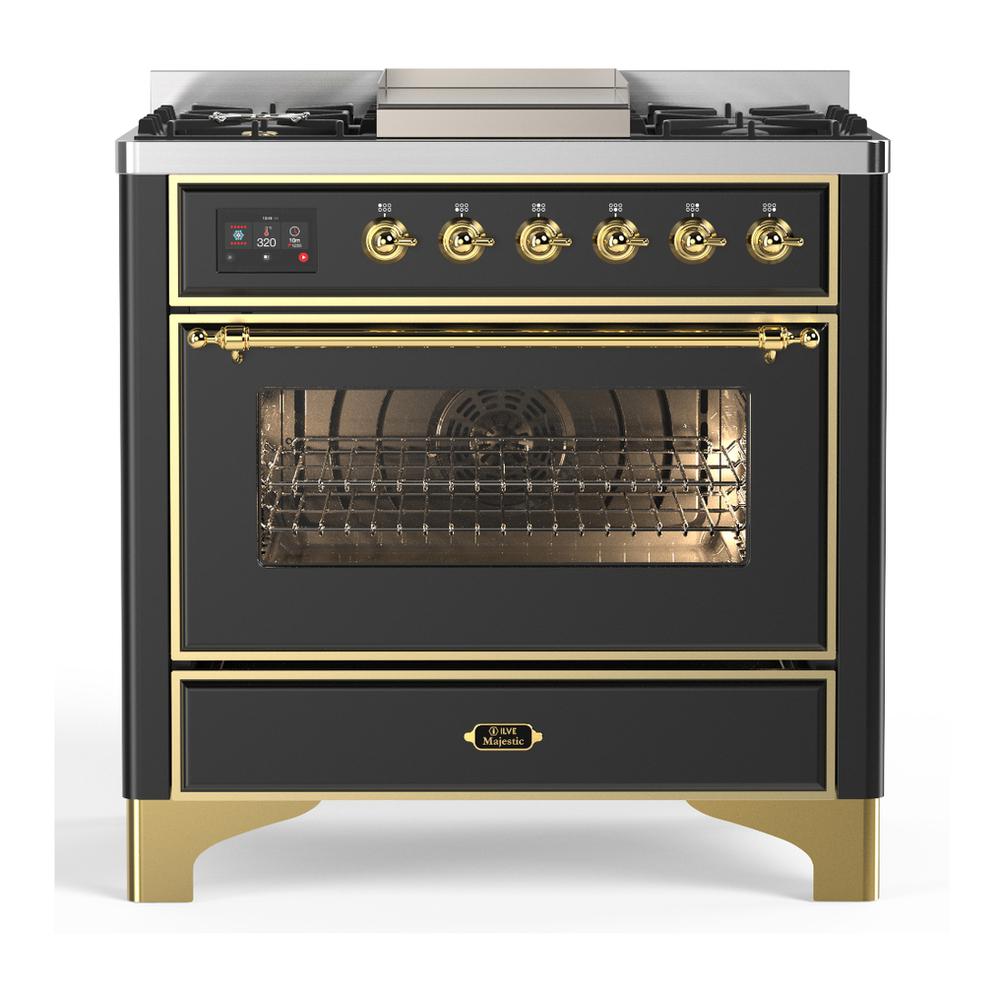 ILVE UM36FNR3MGG Majestic III 36 inch Dual Fuel Range with 6 Black Brass Burners and Griddle, Dual Function Burner up to 25,000 BTU (Triple Glass Door, Graphite Matte, Brass, Natural Gas)