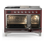 ILVE UM48FSNR3BUCLP Majestic III 48 inch Dual Fuel Range with 5 Black Brass Burners, Griddle and French Top, Dual Function Burner up to 25,000 BTU (Liquid Propane, Triple Glass Door, Burgundy, Chrome)