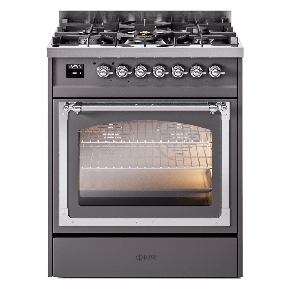 ILVE UN30NMPMGCLP Nostalgie II Noblesse 30 inch Dual Fuel Range (Liquid Propane, Triple Glass Door, Graphite Matte, Chrome)