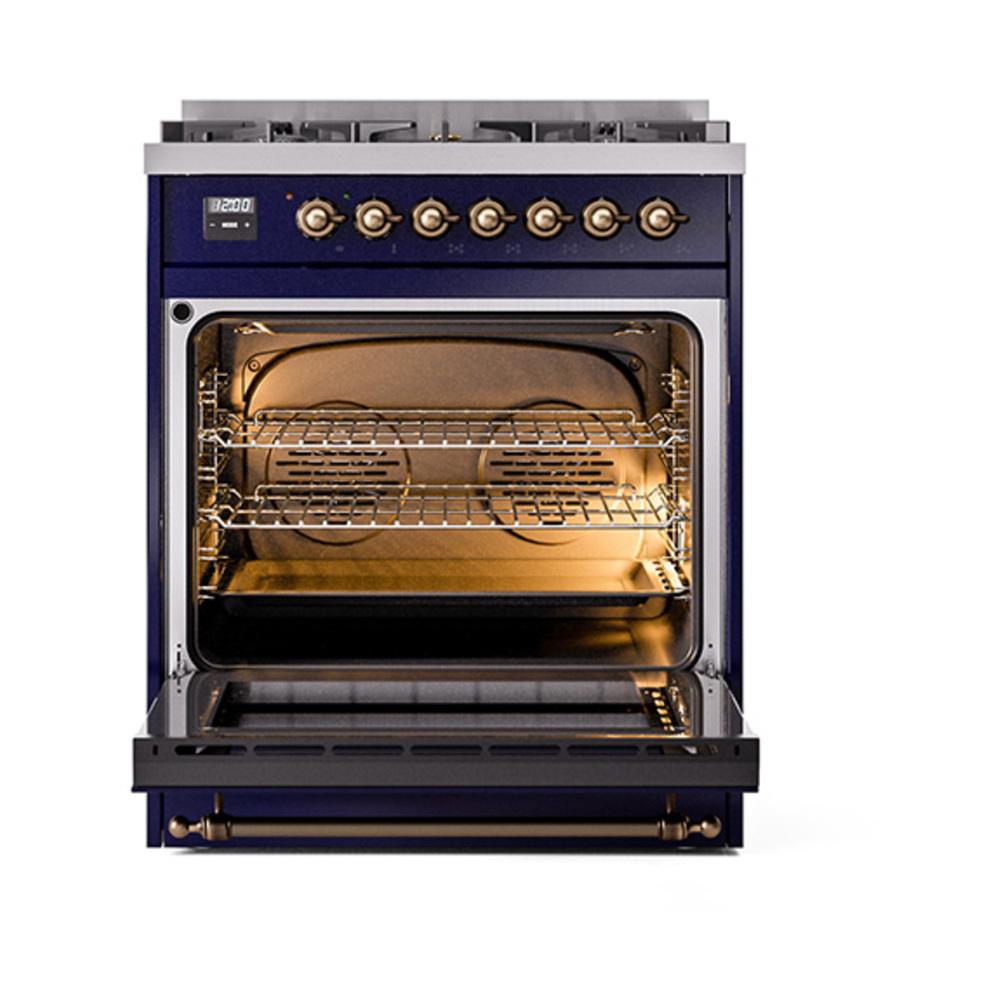 ILVE UN30NMPMBBLP Nostalgie II Noblesse 30 inch Dual Fuel Range (Liquid Propane, Triple Glass Door, Midnight Blue, Burnished)