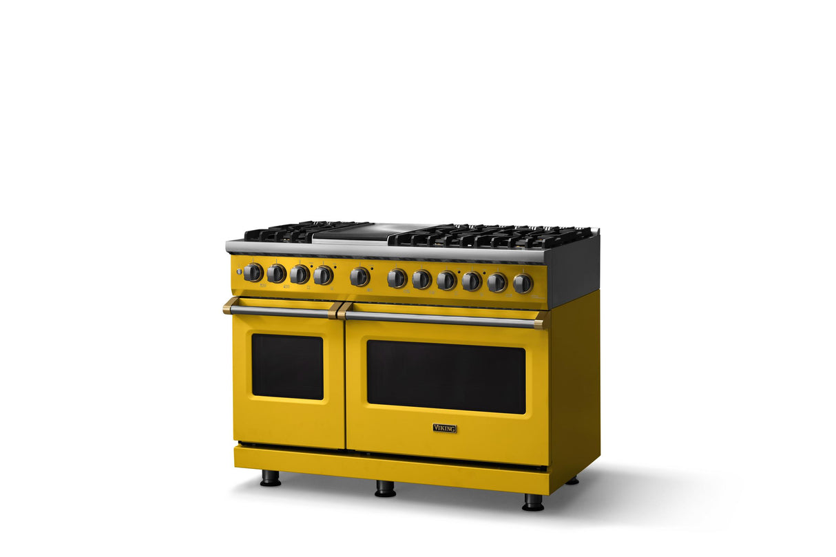 48"W. Dual Fuel Range (Burner: 6g, Finish: Daffodil, Trim: Brushed Brass, Fuel: Natural Gas)