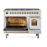 ILVE UP488NMPWHGLP Nostalgie II 48 inch Dual Fuel Range with 8 Total Black Brass Sealed Burners, Brass Trim (Limited Edition) (Liquid Propane, White)