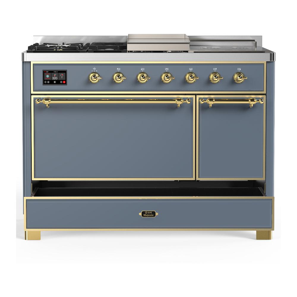 ILVE UM48FSQNR3BGG Majestic III 48 inch Dual Fuel Range with 5 Black Brass Burners, Griddle and French Top, Dual Function Burner up to 25,000 BTU (Natural Gas, Solid Door, Blue Grey, Brass)