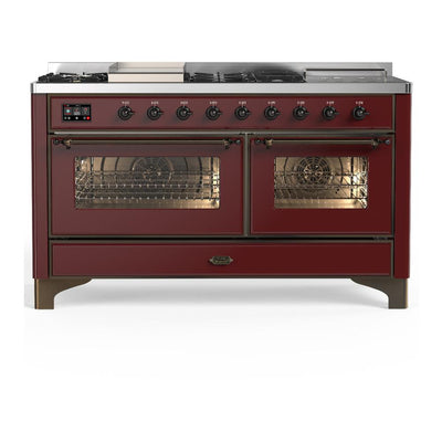 ILVE UM60FSNR3BUB Majestic III 60 inch Dual Fuel Range with 7 Burners, Griddle and French Top, Dual Function Burner with up to 25,000 BTU (Natural Gas, Triple Glass Door, Burgundy, Burnished)
