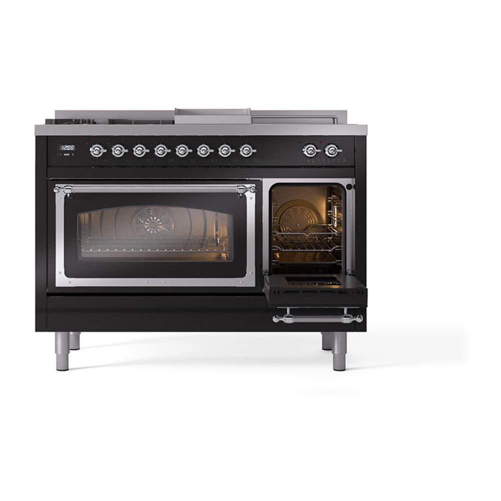 ILVE UN48FSNMPBKC Nostalgie II Noblesse 48 inch Dual Fuel Range (5 Sealed Burners + Griddle + French Top, Natural Gas, Triple Glass Door, Glossy Black, Chrome)
