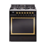 ILVE UN30QNMPBKGLP Nostalgie II Noblesse 30 inch Dual Fuel Range (Liquid Propane, Solid Door, Glossy Black, Brass)