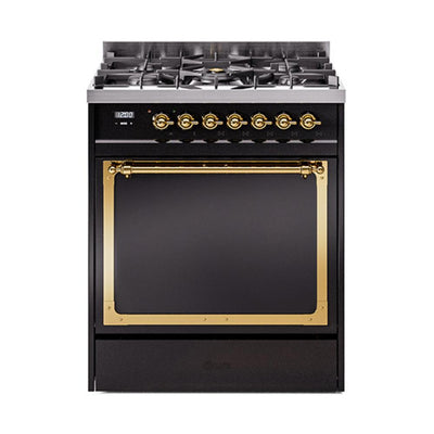 ILVE UN30QNMPBKGLP Nostalgie II Noblesse 30 inch Dual Fuel Range (Liquid Propane, Solid Door, Glossy Black, Brass)