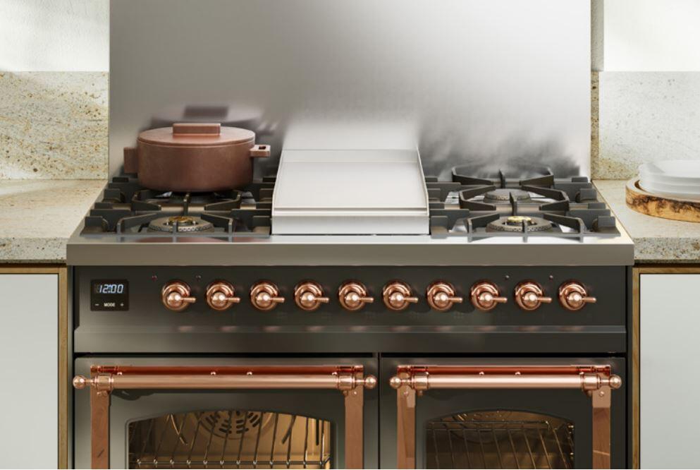 Nostalgie II 40 Inch Dual Fuel Natural Gas Freestanding Range in White with Brass Trim