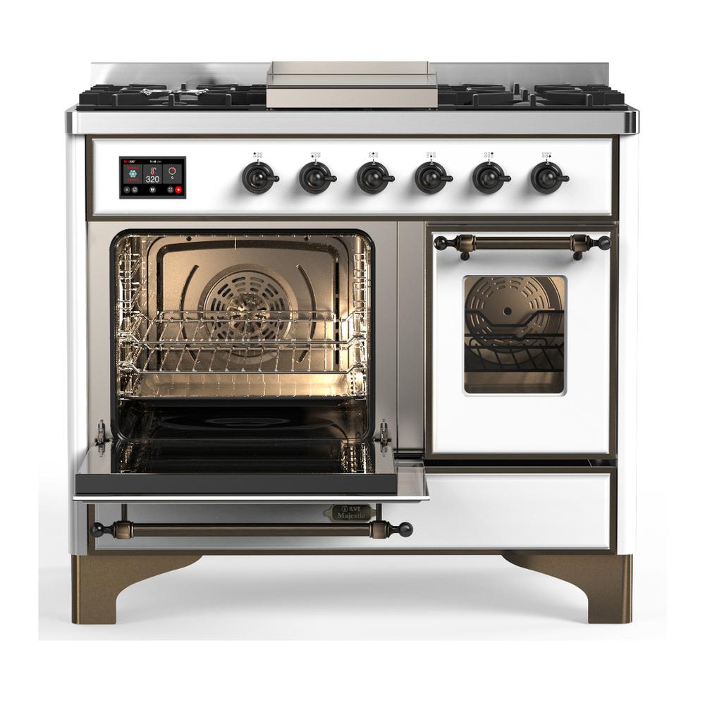 ILVE UMD40FNR3WHB Majestic III 40 inch Dual Fuel Range with 6 Burners and Griddle, Dual Function Burner up to 25,000 BTU (Natural Gas, Triple Glass Door, White, Burnished)