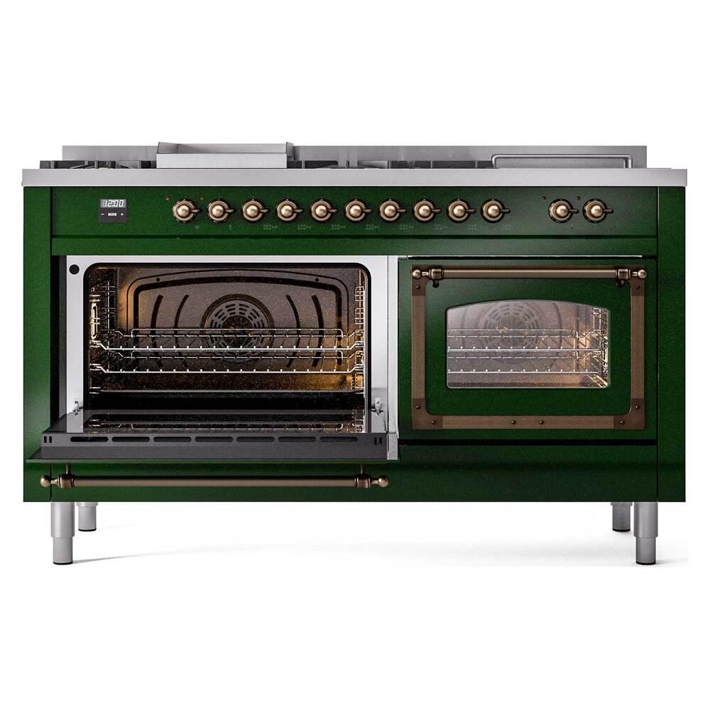 ILVE UN60FSNMPEGBLP Nostalgie II Noblesse 60 inch Dual Fuel Range (7 Sealed Burners + Griddle + French Top, Liquid Propane, Triple Glass Door, Emerald Green, Burnished)