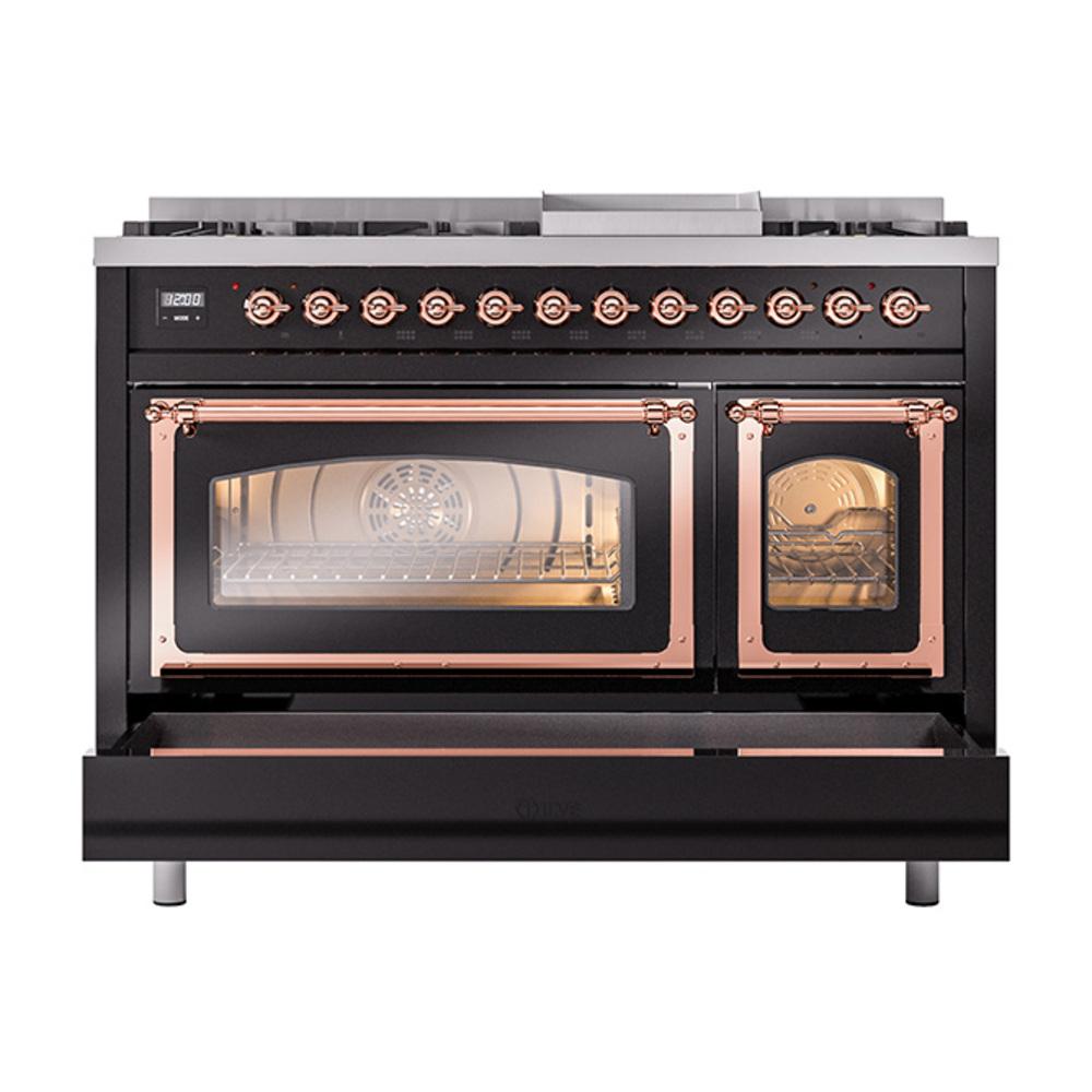 ILVE UN48FNMPBKPLP Nostalgie II Noblesse 48 inch Dual Fuel Range (8 Sealed Burners + Griddle, Liquid Propane, Triple Glass Door, Glossy Black, Copper)