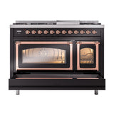 ILVE UN48FNMPBKPLP Nostalgie II Noblesse 48 inch Dual Fuel Range (8 Sealed Burners + Griddle, Liquid Propane, Triple Glass Door, Glossy Black, Copper)