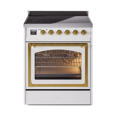 ILVE UNI304NMPWHG Nostalgie II Noblesse 30 inch Induction Range (Triple Glass Door, White, Brass)