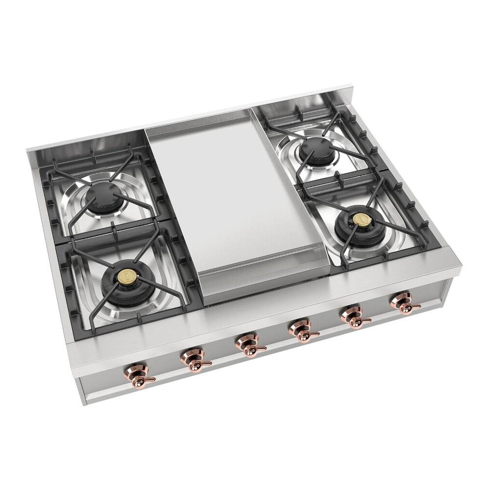 ILVE UHCP36FNSSP Nostalgie II 36 inch Built-In Gas Rangetop with 6 Burners and Griddle, in Stainless Steel (Natural Gas, Copper)
