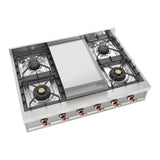 ILVE UHCP36FNSSP Nostalgie II 36 inch Built-In Gas Rangetop with 6 Burners and Griddle, in Stainless Steel (Natural Gas, Copper)