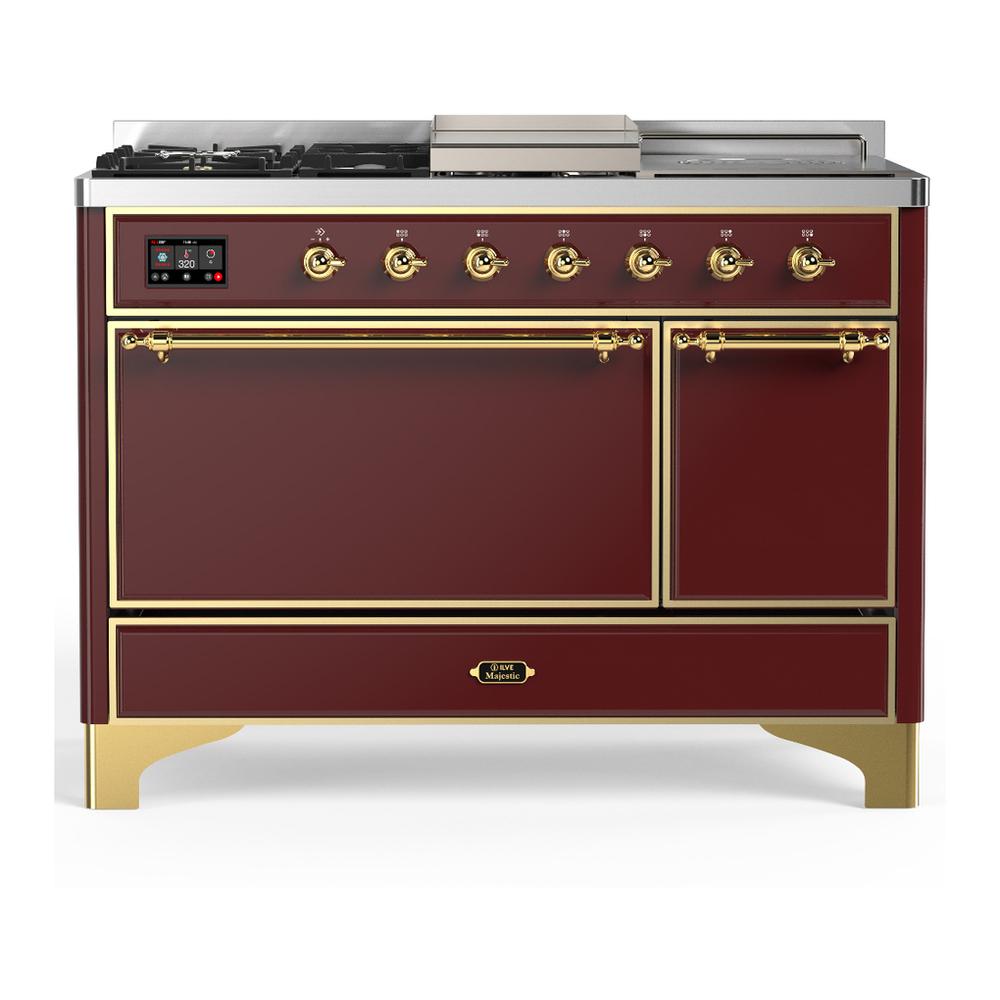 ILVE UM48FSQNR3BUG Majestic III 48 inch Dual Fuel Range with 5 Black Brass Burners, Griddle and French Top, Dual Function Burner up to 25,000 BTU (Natural Gas, Solid Door, Burgundy, Brass)