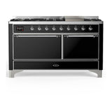 ILVE UM60FQNR3BKC Majestic III 60 inch Dual Fuel Range with 9 Burners and Griddle, Dual Function Burner up to 25,000 BTU (Natural Gas, Solid Door, Glossy Black, Chrome)