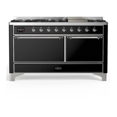 ILVE UM60FQNR3BKC Majestic III 60 inch Dual Fuel Range with 9 Burners and Griddle, Dual Function Burner up to 25,000 BTU (Natural Gas, Solid Door, Glossy Black, Chrome)