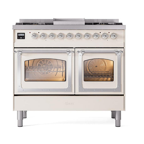 ILVE UND40FNMPAWC Nostalgie II Noblesse 40 inch Dual Fuel Range (Natural Gas, Triple Glass Door, Antique White, Chrome)