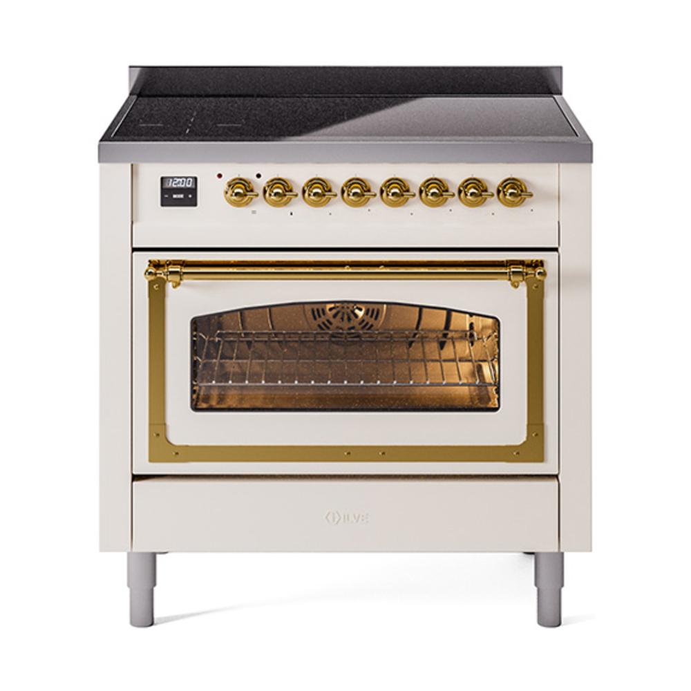 ILVE UNI366NMPAWG Nostalgie II Noblesse 36 inch Induction Range (Triple Glass Door, Antique White, Brass)