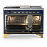 ILVE UM48FSNR3MBGLP Majestic III 48 inch Dual Fuel Range with 5 Black Brass Burners, Griddle and French Top, Dual Function Burner up to 25,000 BTU (Liquid Propane, Triple Glass Door, Midnight Blue, Brass)