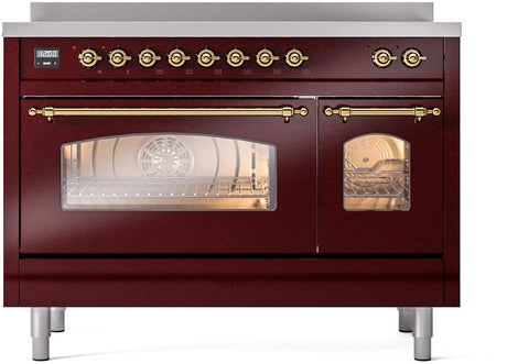 Nostalgie II 48 Inch Electric Freestanding Range in Burgundy with Brass Trim