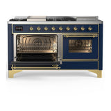 ILVE UM60FSNR3MBG Majestic III 60 inch Dual Fuel Range with 7 Burners, Griddle and French Top, Dual Function Burner with up to 25,000 BTU (Natural Gas, Triple Glass Door, Midnight Blue, Brass)