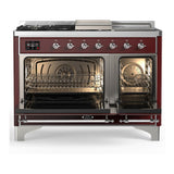 ILVE UM48FSQNR3BUCLP Majestic III 48 inch Dual Fuel Range with 5 Black Brass Burners, Griddle and French Top, Dual Function Burner up to 25,000 BTU (Liquid Propane, Solid Door, Burgundy, Chrome)