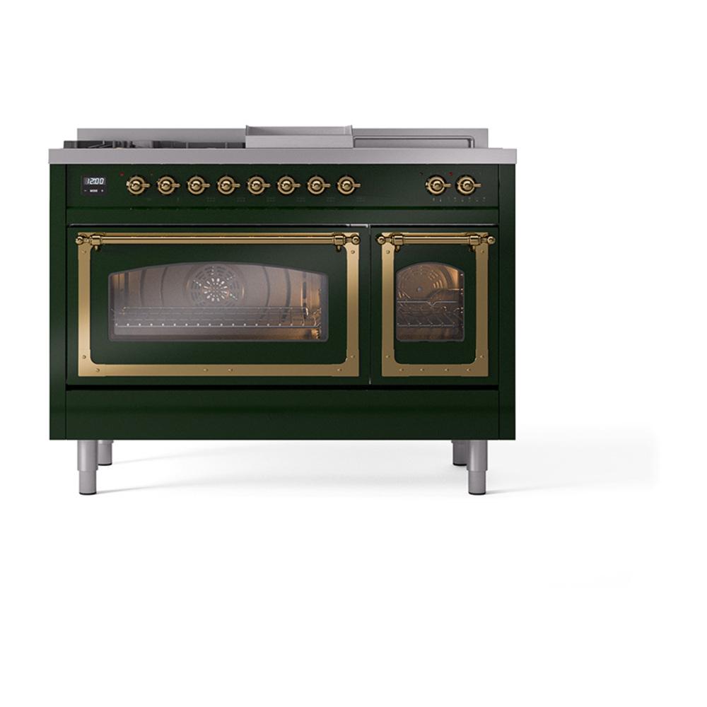 ILVE UN48FSNMPEGGLP Nostalgie II Noblesse 48 inch Dual Fuel Range (5 Sealed Burners + Griddle + French Top, Liquid Propane, Triple Glass Door, Emerald Green, Brass)