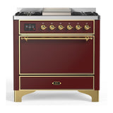 ILVE UM36FQNR3BUGLP Majestic III 36 inch Dual Fuel Range with 6 Black Brass Burners and Griddle, Dual Function Burner up to 25,000 BTU (Solid Door, Burgundy, Brass, Liquid Propane)
