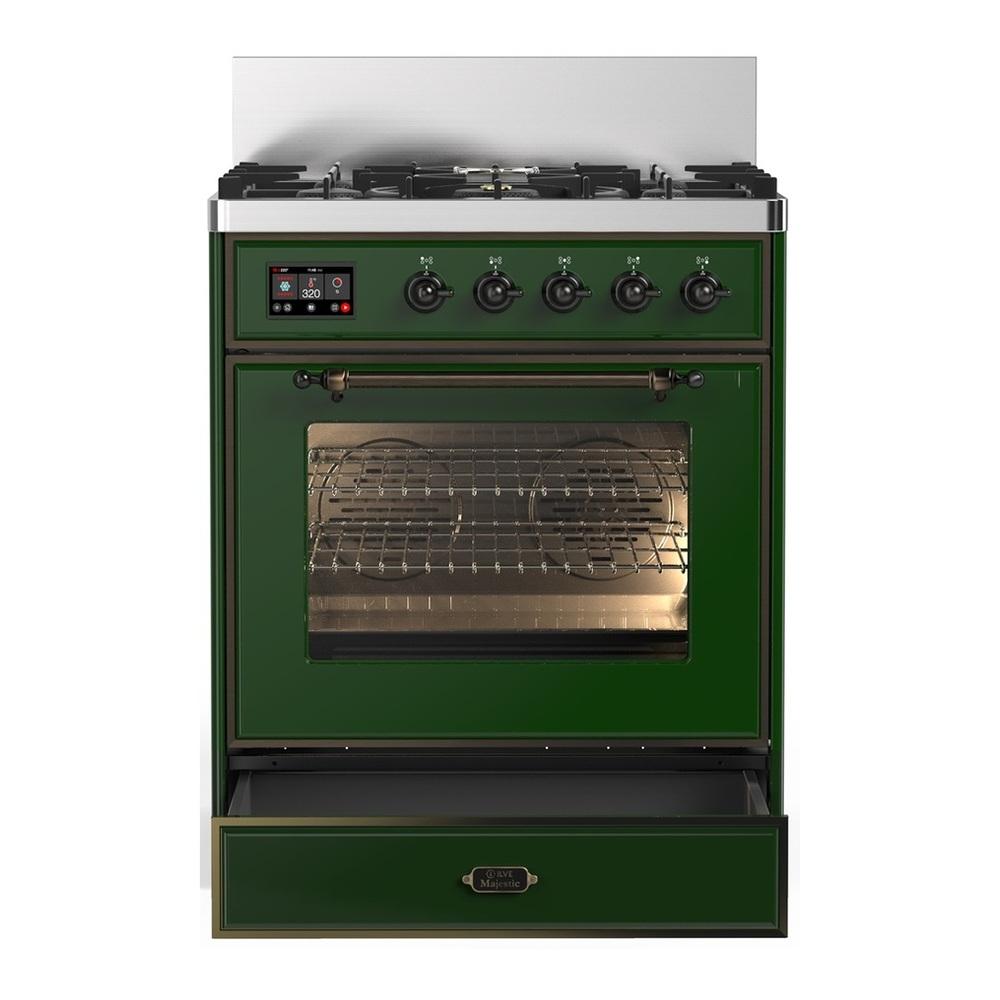 ILVE UM30NR3EGBLP Majestic III 30 inch Dual Fuel Range with 5 Black Brass Burners, Dual Function Burner up to 25,000 BTU (Liquid Propane, Triple Glass Door, Emerald Green, Burnished)