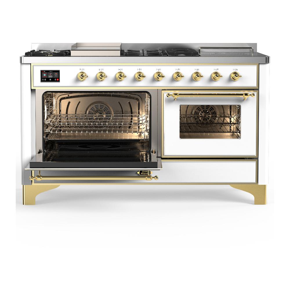 ILVE UM60FSNR3WHGLP Majestic III 60 inch Dual Fuel Range with 7 Burners, Griddle and French Top, Dual Function Burner with up to 25,000 BTU (Liquid Propane, Triple Glass Door, White, Brass)