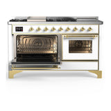 ILVE UM60FSNR3WHGLP Majestic III 60 inch Dual Fuel Range with 7 Burners, Griddle and French Top, Dual Function Burner with up to 25,000 BTU (Liquid Propane, Triple Glass Door, White, Brass)